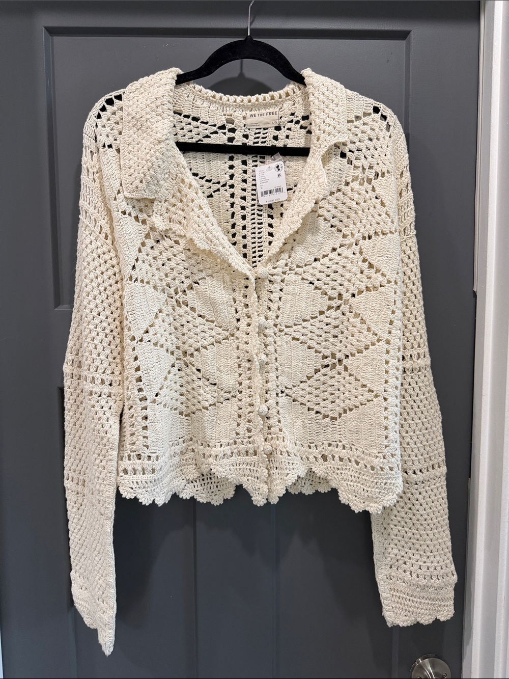 FP Crocheted Button-Front Cardigan in Off-White